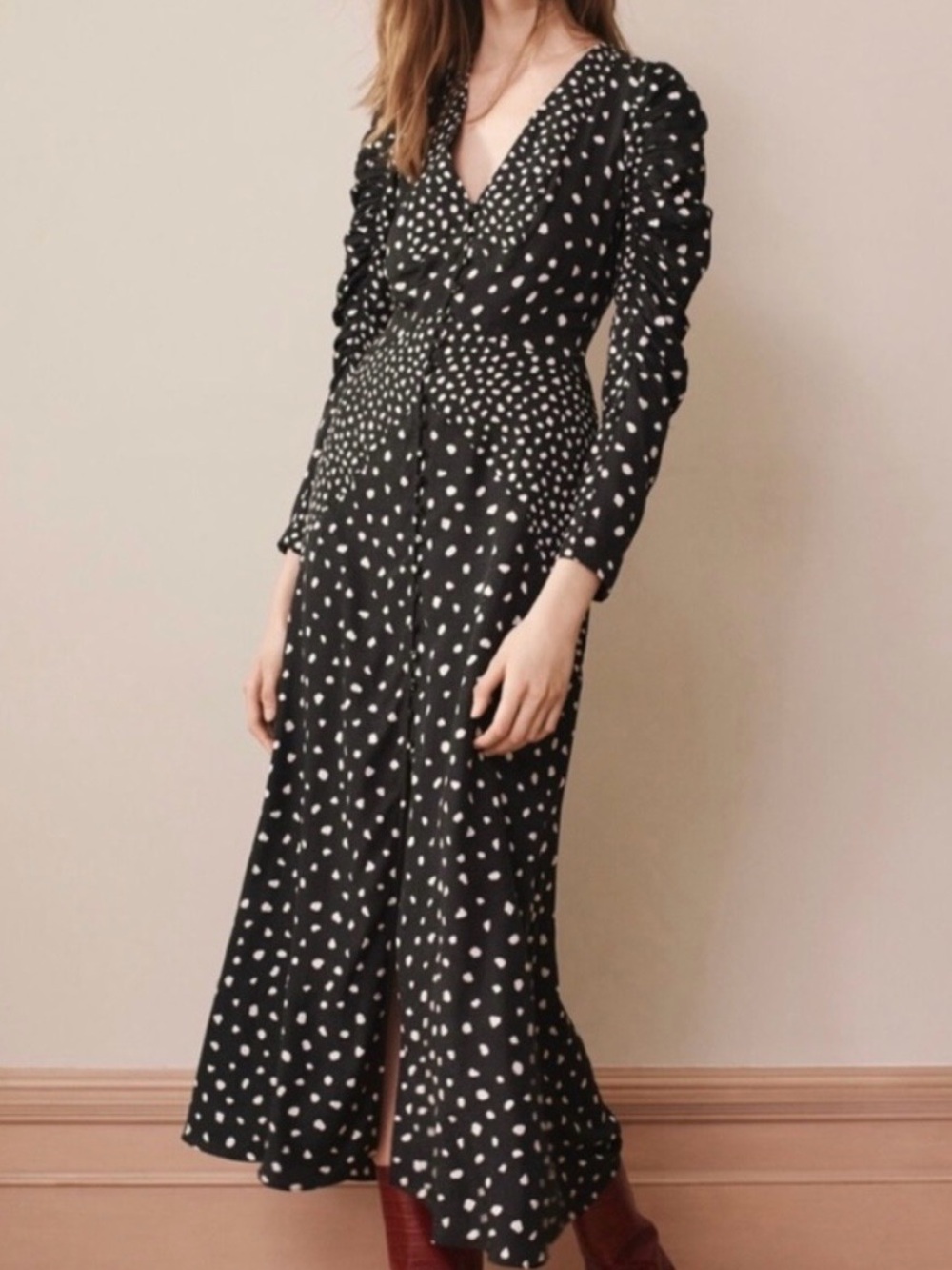 Polka Dot Long Sleeve Midi Dress - Black/White
